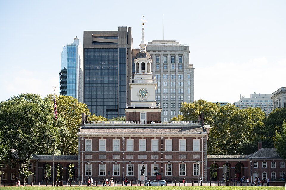 Exterior view of Independence Hall, August 2019