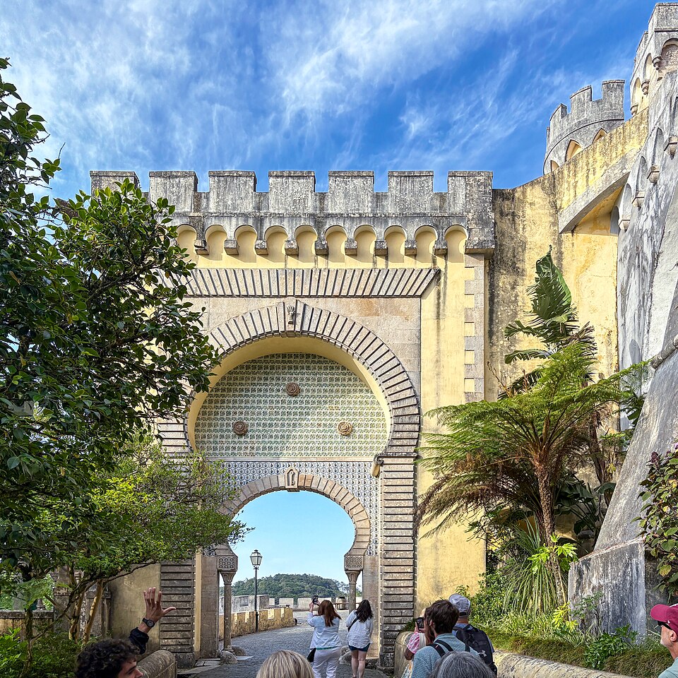 Moorish archway at Pena Palace showing Gothic-inspired medieval stone architecture