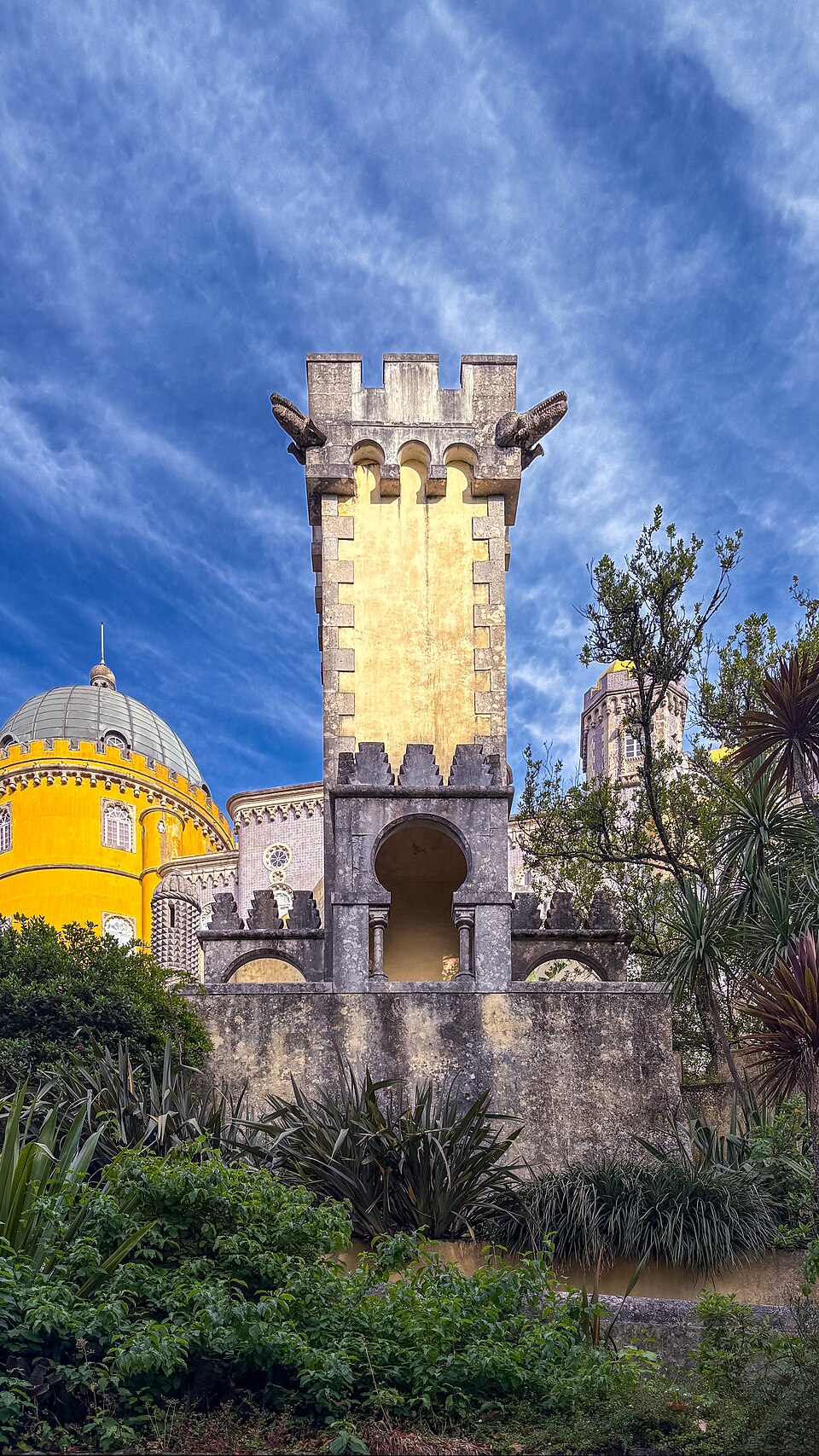 Castle tower at Pena Palace in Sintra, Portugal, evoking fantasy medieval architecture