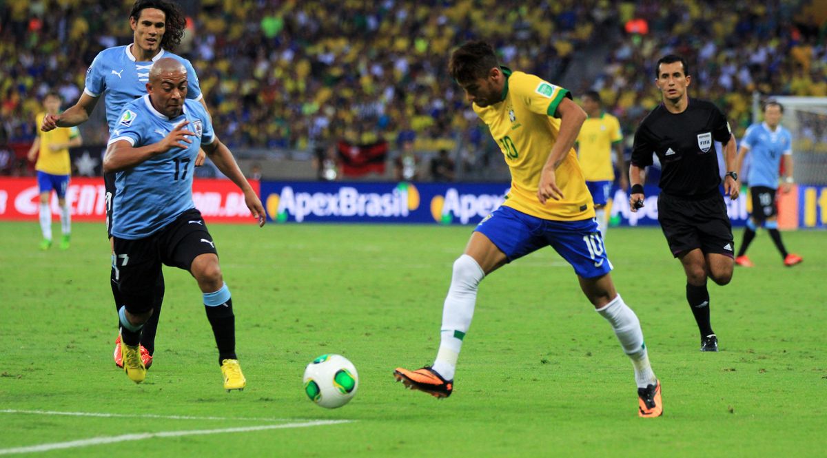 Neymar playing against Uruguay for Brazil national team