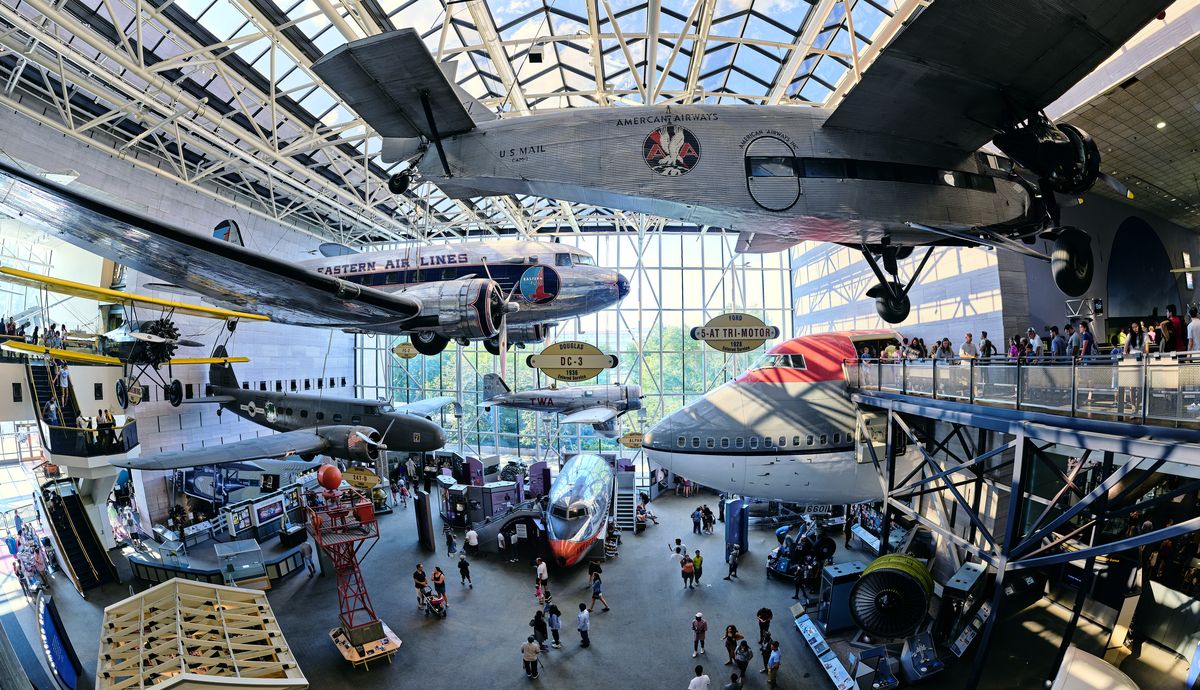 Inside the Smithsonian National Air and Space Museum with historic aircraft on display
