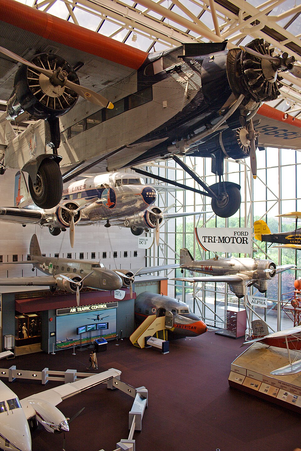 Historic planes hanging in the Air and Space Museum galleries